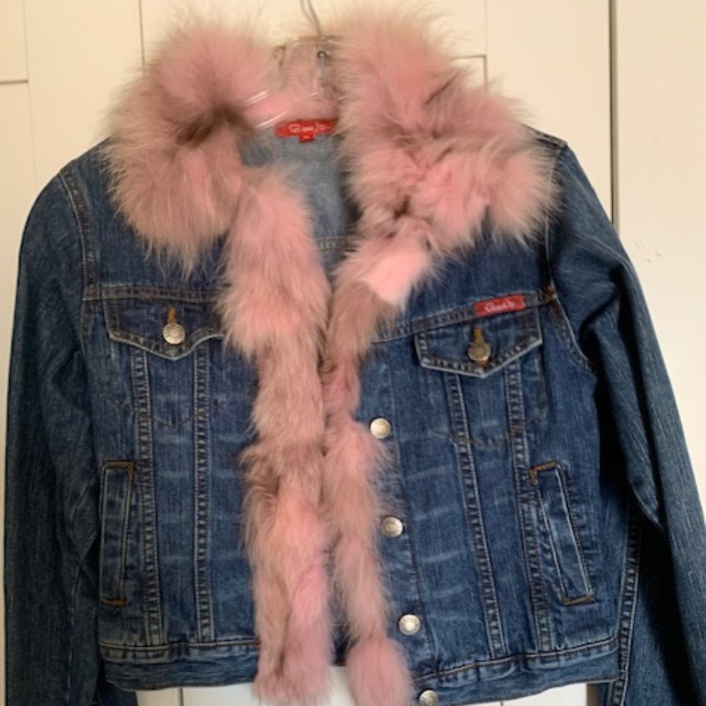 Denim  Jean Jacket with Pink Fur Collar and Cuffs